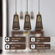 3 Head Rattan Ceiling Pendant 95cm Hanging cord 3 In E27 Screw  Lampshade~4193-4
