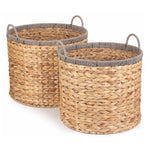 Round Water Hyacinth Storage Basket With Grey Rope Border-0