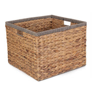 Square Water Hyacinth With Grey Rope Border Storage Basket-0