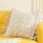 Bohemian Macrame Cushion Cover | 45x45cm | Cream Cotton | Geometric Pattern | Fringed Edges-4