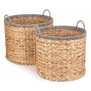 Round Water Hyacinth Storage Basket With Grey Rope Border-0