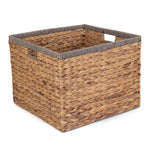 Square Water Hyacinth With Grey Rope Border Storage Basket-0