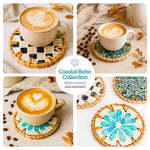 Handmade Natural Rattan & Mother of Pearl Coaster Set (6 Piece + Holder) • Cascade-4